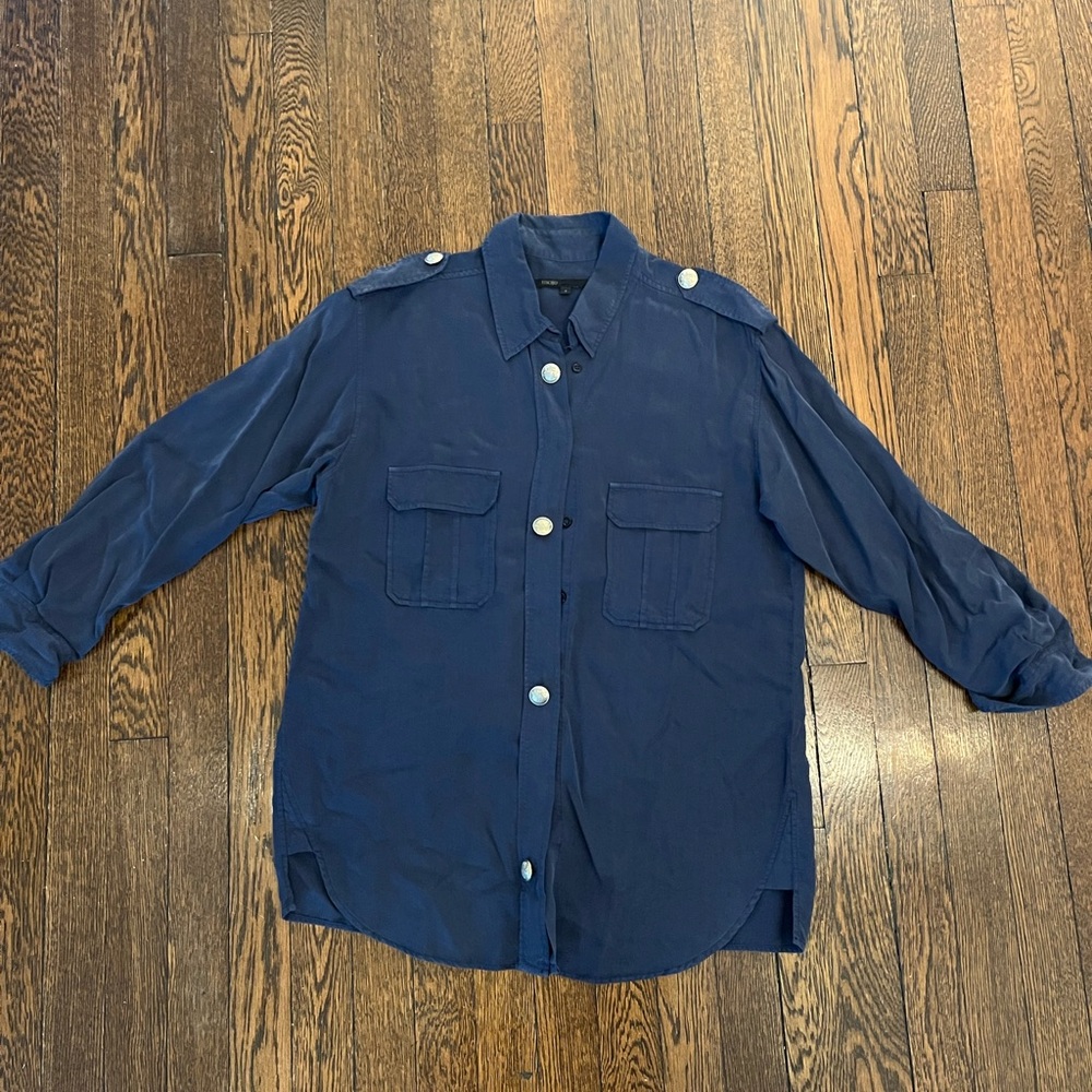 Maje Navy Button-Up Shirt Jacket